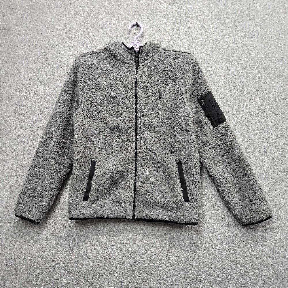 Polo Ralph Lauren Boys Jacket L/G (14-16) Gray Embroidered Teddy Fleece Sherpa